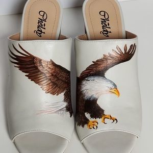 White mules with hand painted eagle on front